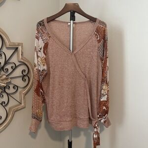 Cato Tunic Sweater Boho Paisley Brown Cinnamon Sheer Long‎ Sleeve XL
